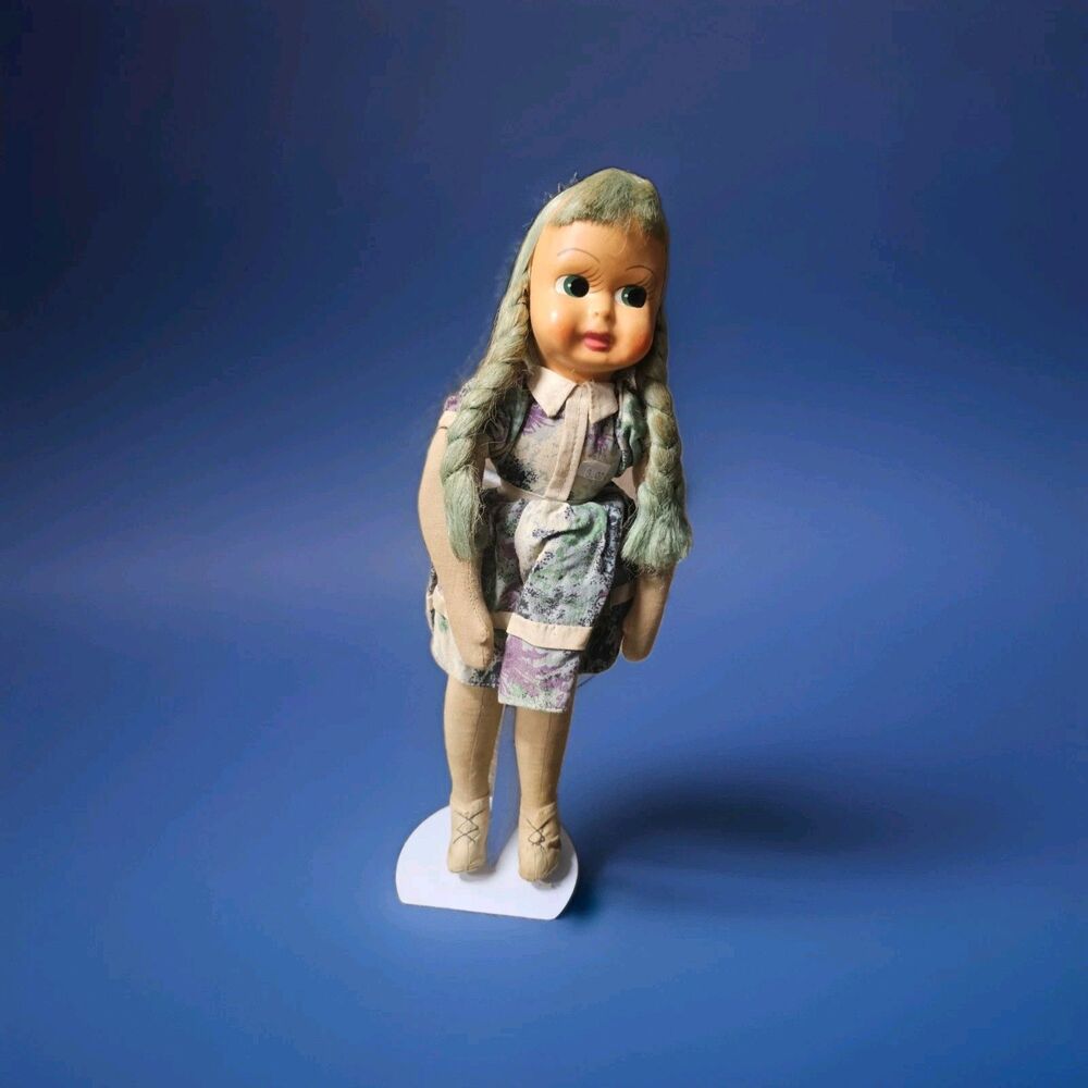 16" 🤩 BLUE Plastic or  Celluloid Face DOLL  Sawdust Cloth Polish Doll AD SUTTON